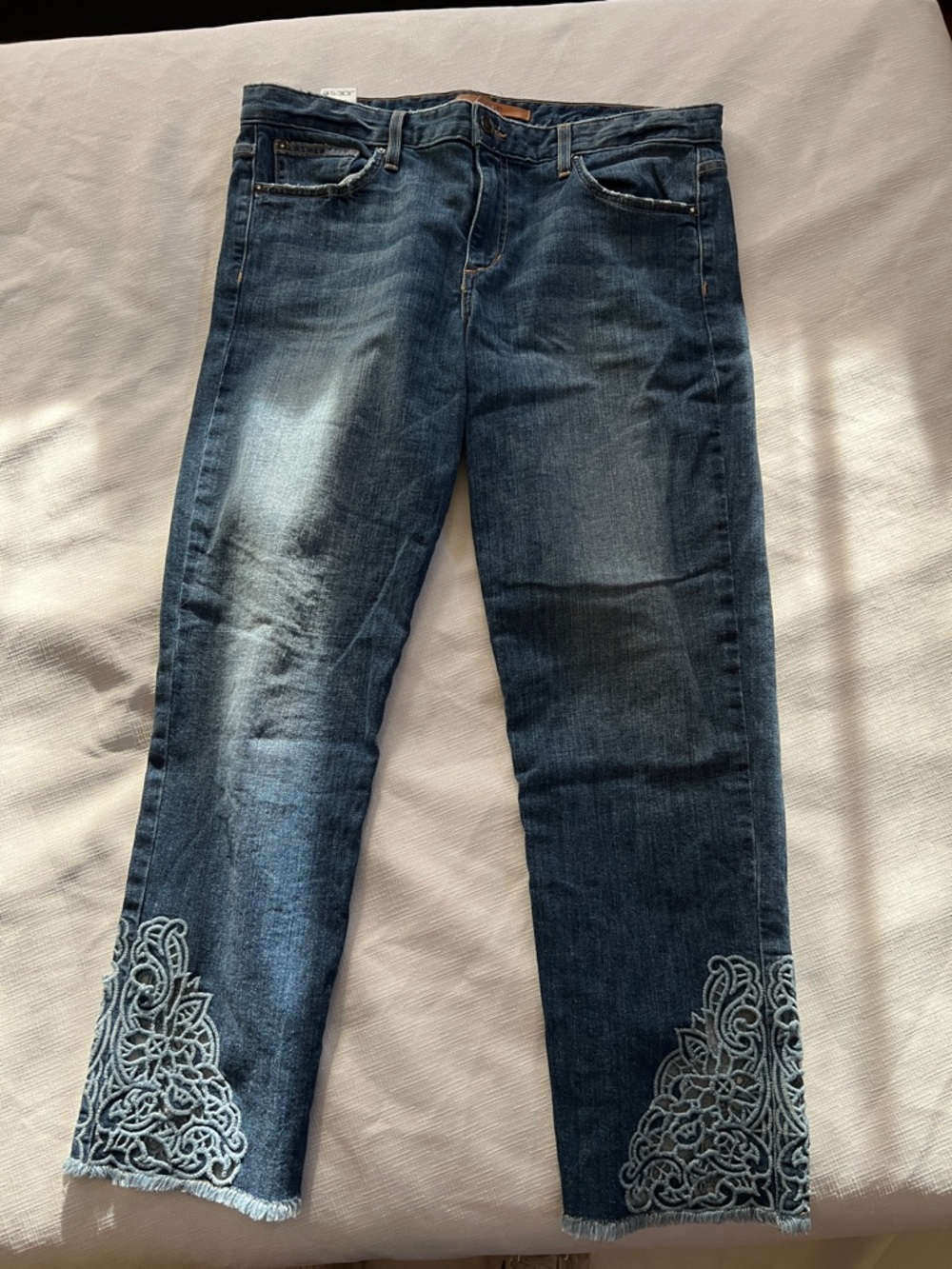 Embroidered Ankle Crop Jeans - Dark Blue